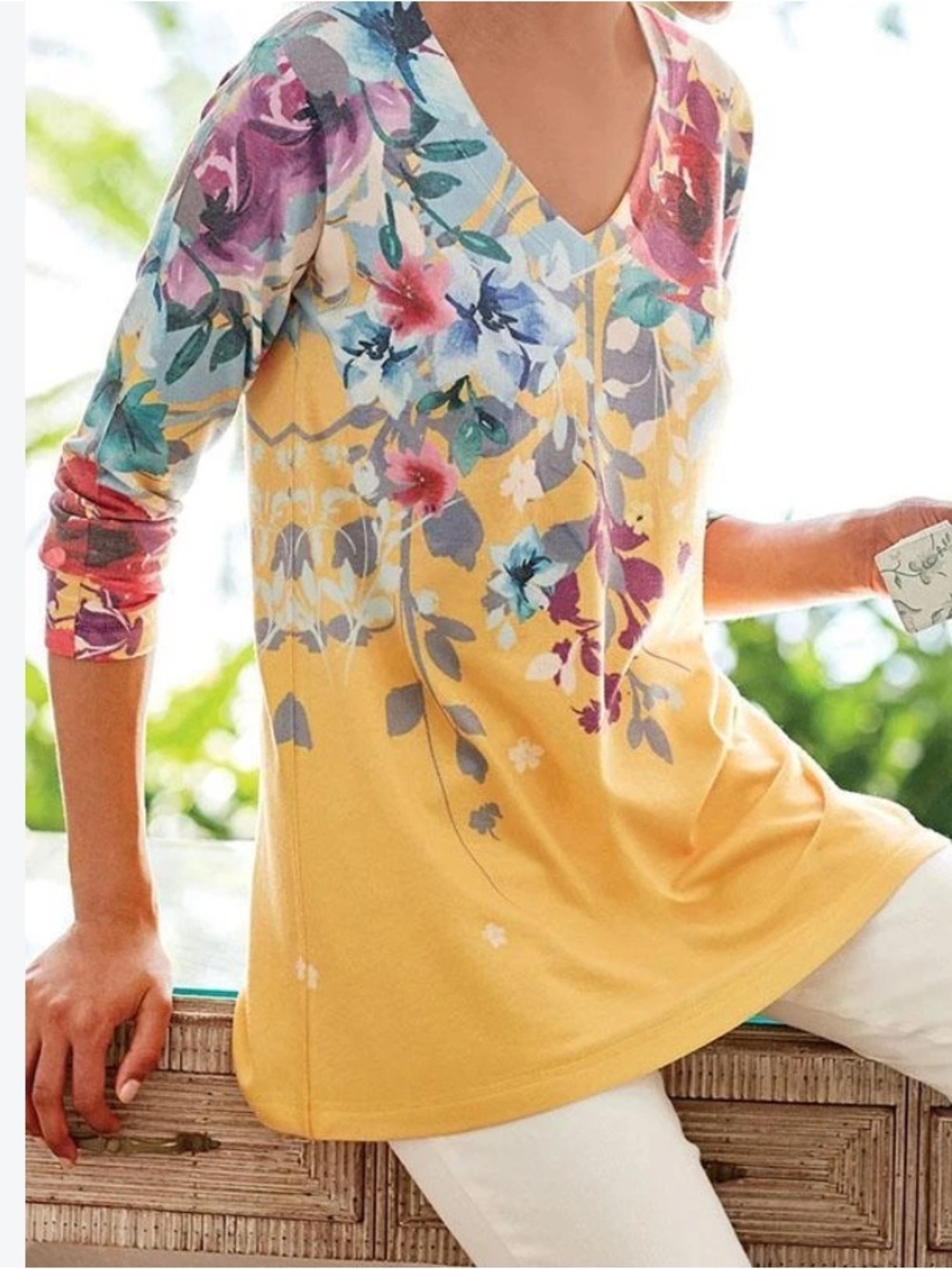 Soft Surroundings Delphina Yellow Floral V-Neck Tunic 1X